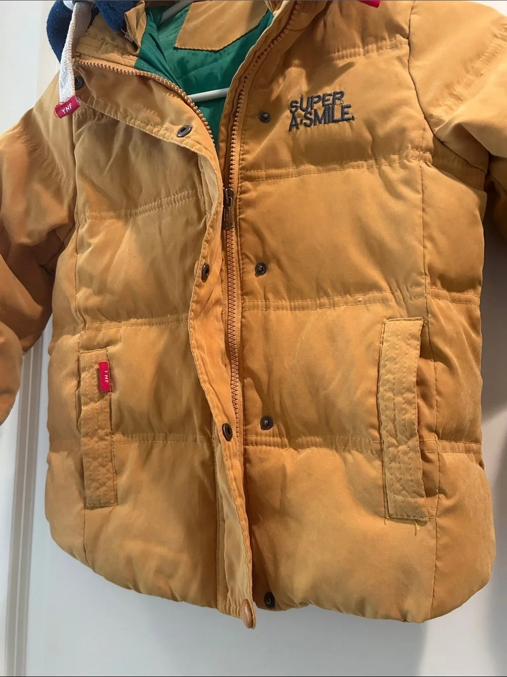 YNF Dock Feather Golden Mustard ZipUp Snaps Puffer Jacket Hood size 120 (5-7yrs)